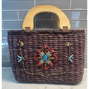 VTG! White Stag Beaded Boho Straw Beach Purse Bag Wood Handle Retro Y2K Brown